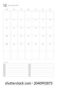 December 2022 calendar template illustration. Note, scheduler, diary, planner document template illustration.