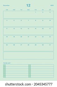 December 2022 colorful cute graphic design digital and printable calendar template illustration. Notes, scheduler, diary, calendar, memo, planner document template background.