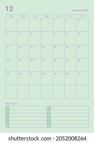 December 2022 colorful cute graphic design digital and printable calendar template illustration. Notes, scheduler, diary, calendar, memo, planner document template background.