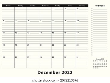 December 2022 Monthly Business Desk Pad Calendar. December 2022 calendar planner with to-do list and place for notes in black and white design.