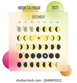 December 2022 Moon calendar. Astrological calendar design. planner. Place for stickers. Month cycle planner mockup. Isolated colorful glassmorphism background.