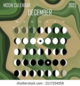 December 2022 Moon calendar. Astrological calendar design. planner. Place for stickers. Month cycle planner mockup. Isolated color liquid background.