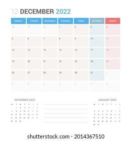 December 2022 Planner Calendar Week starts on Monday. Simple and clean calendar design planner template vector.