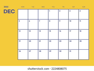 December 2022 simple design digital and printable calendar template illustration. Notes, scheduler, diary, calendar, memo, planner document template background. 