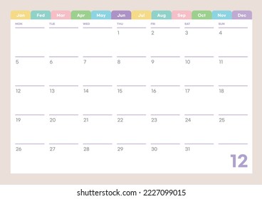 December 2022 simple design digital and printable calendar template illustration. Notes, scheduler, diary, calendar, memo, planner document template background. 