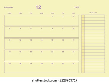Ilustración de plantilla de calendario digital e imprimible de diseño sencillo en diciembre de 2022. Notas, programador, diario, calendario, nota, fondo de plantilla de documento del planificador. 