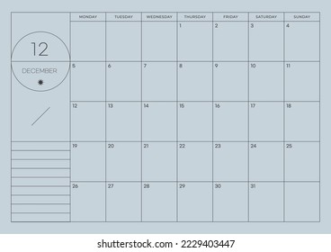 December 2022 simple design digital and printable calendar template illustration. Notes, scheduler, diary, calendar, memo, planner document template background. 
