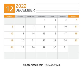 December 2022 template, Calendar planner 2022, week start on Monday,  Desk calendar 2022 year, simple and clean design, Wall calendar design, Corporate design planner template, print media vector