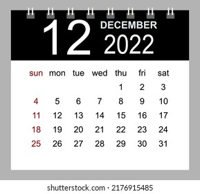 December 2022. Vector monthly calendar template 2022 year in simple style for template design. Week starts from Sunday.