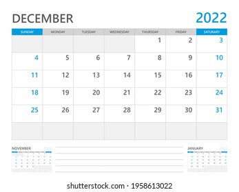 December 2022 year, Calendar planner 2022 and Set of 12 Months,  week start on Sunday. Desk calendar 2022 design, simple and clean design, Wall calendar, Corporate design planner template vector