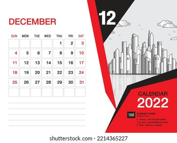 December 2022 year - Desk Calendar 2022 template, Wall calendar 2022 layout ,business template, Week starts Sunday, Stationery design, printing media, publication design
