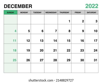 December 2022 year planner template, calendar 2022 template, monthly and yearly planners. organizer diary. week start Sunday, corporate planner template, Desk calendar 2022, green background, vector