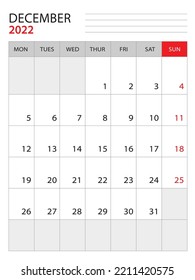 December 2022-Calendar 2022 template vector illustration, week start on monday, Wall calendar 2022 design, Desk calendar template, corporate planner template, Stationery, organizer diary, vector