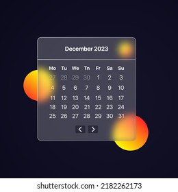 December 2023 calendar line icon. Schedule, time management, plan, month, year, winter, work, study, days. Planning concept. Glassmorphism style. Vector line icon for Business and Advertising.