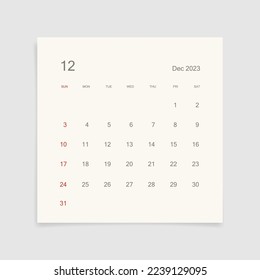 December 2023 calendar page on white background. Calendar background for reminder, business planning, appointment meeting and event. Week starts from Sunday. Vector illustration.