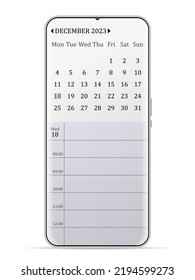 December 2023 calendar smartphone on a white background. Vector illustration.
