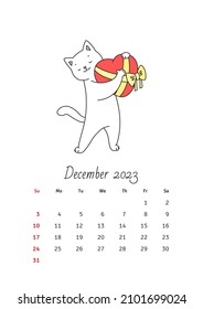 Calendario de diciembre de 2023. Plantilla de calendario decorada con un lindo gato blanco enamorado. Ilustración del vector 10 EPS.