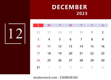 December 2023 Calendar Template. Vector Illustration.