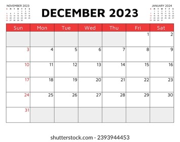 December 2023 calendar. Vector illustration. Monthly planning for your business events