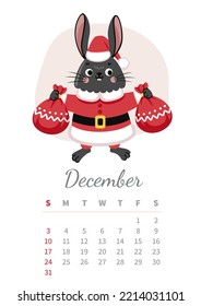 December 2023 calendar vertical page. Chinese black water rabbit, symbol of year. Cute bunny in santa claus costume with gift bags. A4 wall calendar design. Vector illustration.