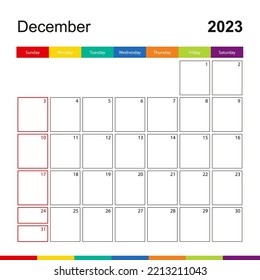 December 2023 colorful wall calendar, week starts on Sunday. 2023 Calendar template.