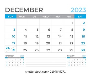 December 2023 page, Calendar 2023 template, Desk calendar 2023 year, planner design, Wall calendar, week starts on sunday, stationery design, Desk office, organizer office, vector eps10