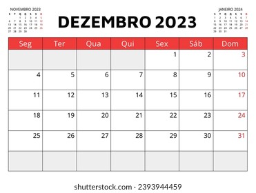 Calendario portugués de diciembre de 2023. Ilustración vectorial. Planificación mensual de su negocio en Portugal