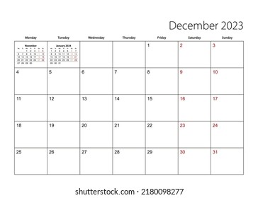 December 2023 simple calendar planner, week starts from Monday. Vector calendar planner.