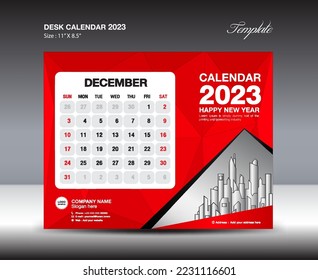 December 2023 template- Desk Calendar 2023 year template, wall calendar 2023 year, Week starts Sunday, Planner design, Stationery design, flyer design, printing media, red  polygon backgrund vector