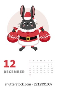 December 2023 wall calendar page with cute bunny. Chinese new year symbol. Winter season. Santa claus rabbit with gifts. A4 template, print, poster, vector illustration.