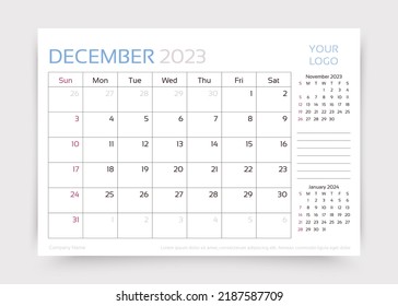 December 2023 year calendar. Planner calender template. Week starts Sunday. Desk monthly organizer. Timetable grid. Table schedule layout. Corporate diary. Vector simple illustration. Paper size A5