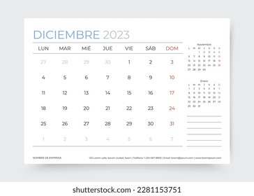 December 2023 year calendar in Spanish. Planner calender template. Week starts Monday. Desk monthly organizer. Timetable grid. Table schedule layout. Corporate diary. Vector illustration Paper size A5