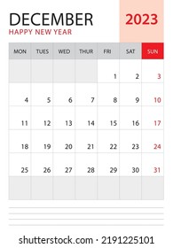 December 2023-Calendar 2023 template vector on red background, week start on monday, Desk calendar 2023 year, Wall calendar design, corporate planner template, Stationery, organizer diary, vector