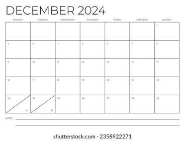 December 2024 A4 Calendar Template. Monday to Sunday. Blank Calendar. Stationery design. Vector illustration.