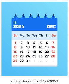 December 2024 calendar. Blue calendar portrait. 2024 Weekend follows sunday and saturday. Flat layout. Monthly calendar format dec 2024. Vector illustration