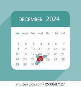 Calendario de diciembre de 2024 con Navidades, 25 de diciembre, ícono de calendario con Navidades, ícono de bayas de acebo, Vector