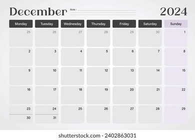 December 2024 calendar or desk planner in soft gray and purple colors with empty note lines, weeks start on Monday, vector illustration design