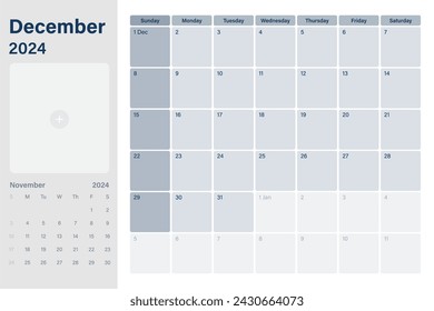 Diciembre 2024 calendario planificador de escritorio con espacio para su imagen, las semanas comienzan el domingo, tema simple blanco y gris, diseño vectorial