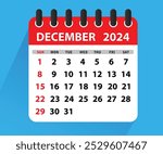 December 2024 Calendar Leaf. Calendar 2024 in flat style. December 2024 Calendar. Week starts on Sunday. Blank Calendar Template. Stationery Design. Vector Illustration