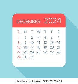 Hoja del Calendario de diciembre de 2024 - Ilustración. página de gráfico de vector