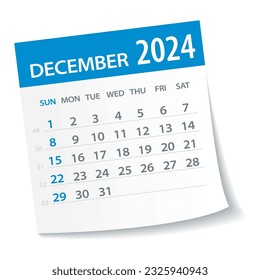 Hoja del Calendario de diciembre de 2024 - Ilustración. página de gráfico de vector