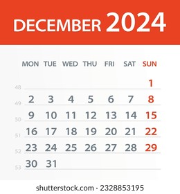 Hoja del Calendario de diciembre de 2024 - Ilustración. página de gráfico de vector