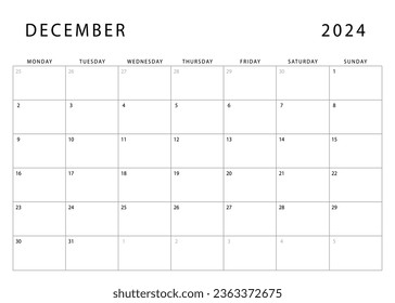 December 2024 calendar. Monday start. Monthly planner template. Vector design