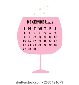 December 2024 calendar. Pink glass of wine. Hand drawn vector illustration on white background.