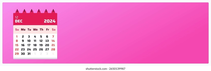 dezembro de 2024. Anúncios de calendário em rosa e vermelho. Fim de semana de 2024, domingo e sábado. Modelo de página. Formato do calendário mensal dezembro de 2024. Ilustração vetorial
