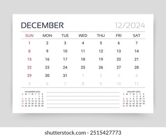 December 2024 calendar. Planner calender template. Week starts Sunday. Desk monthly organizer. Timetable grid. Table schedule layout. Vector simple illustration. Paper size A5. Corporate diary.