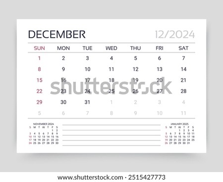 December 2024 calendar. Planner calender template. Week starts Sunday. Desk monthly organizer. Timetable grid. Table schedule layout. Vector simple illustration. Paper size A5. Corporate diary.