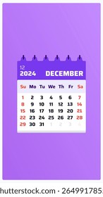 dezembro de 2024. História de calendário roxa. 2024 Fim de semana domingo e sábado formato. Planilha de layout. Projeto de data do calendário em dezembro de 2024. Ilustração vetorial