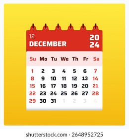 December 2024 calendar. Red calendar square. 2024 Weekend on saturday and sunday. Monthly template design. December 2024 date format calendar. Vector illustration.

