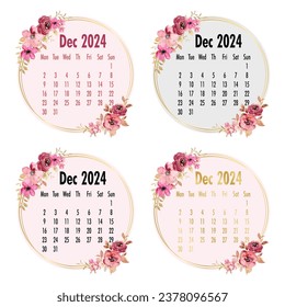 December 2024 Calendar template. 2024 Calendar. 2024 annual calendar template with floral.